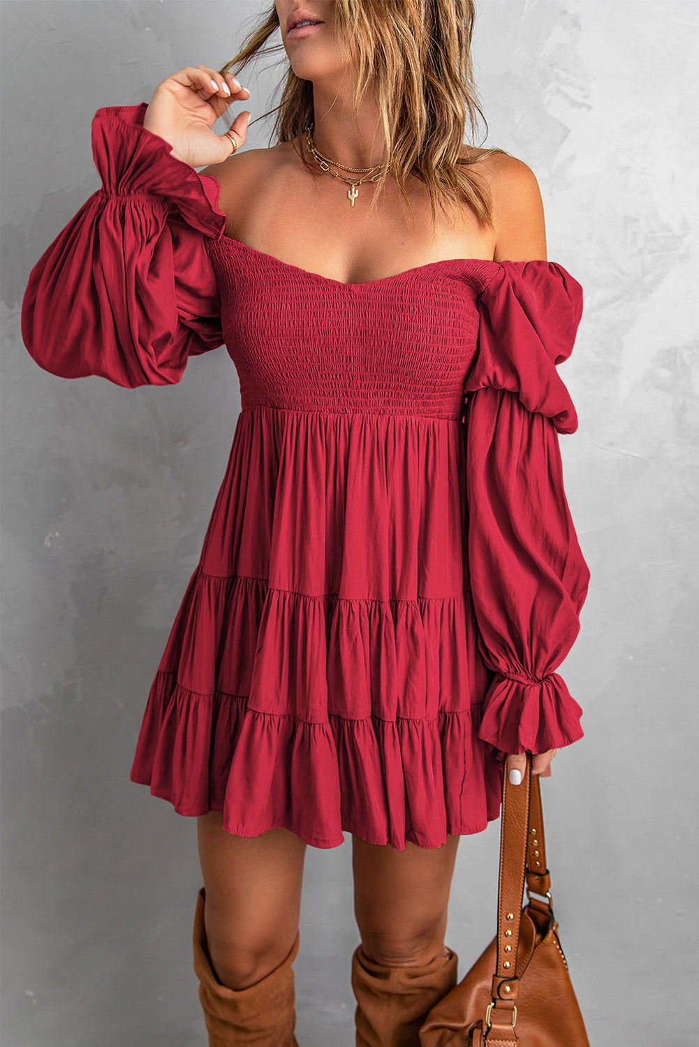 Amelia Smocked Off-Shoulder Tiered Mini Dress - Coco and lulu boutique