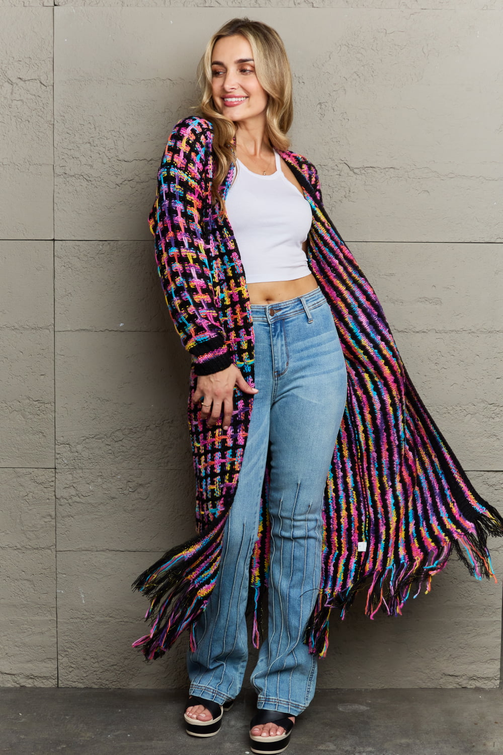 Morgan Multicolored Open Front Fringe Hem Cardigan - Coco and lulu boutique