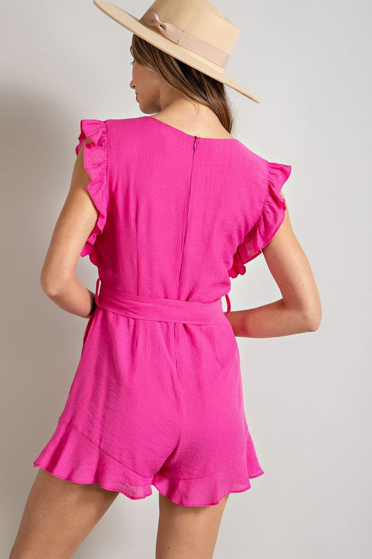 EMMA V-NECK RUFFLED WAIST TIE ROMPER - Coco and lulu boutique