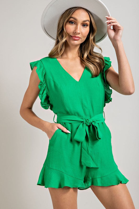 EMMA V-NECK RUFFLED WAIST TIE ROMPER - Coco and lulu boutique