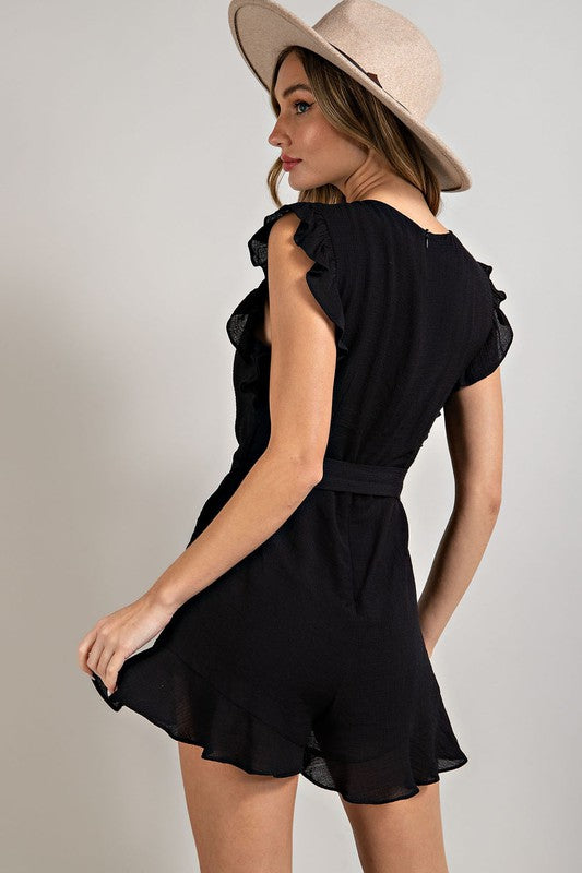 EMMA V-NECK RUFFLED WAIST TIE ROMPER - Coco and lulu boutique