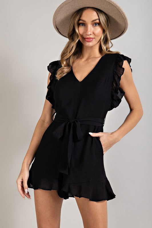 EMMA V-NECK RUFFLED WAIST TIE ROMPER - Coco and lulu boutique