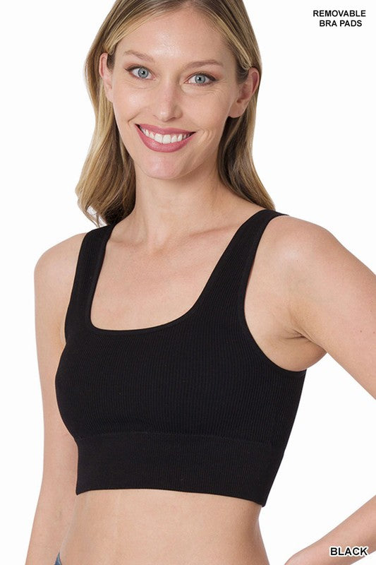 RIBBED SQUARE NECK CROPPED TANK TOP WITH BRA PADS - Coco and lulu boutique