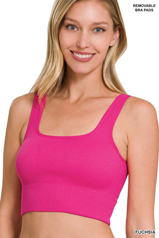 RIBBED SQUARE NECK CROPPED TANK TOP WITH BRA PADS - Coco and lulu boutique