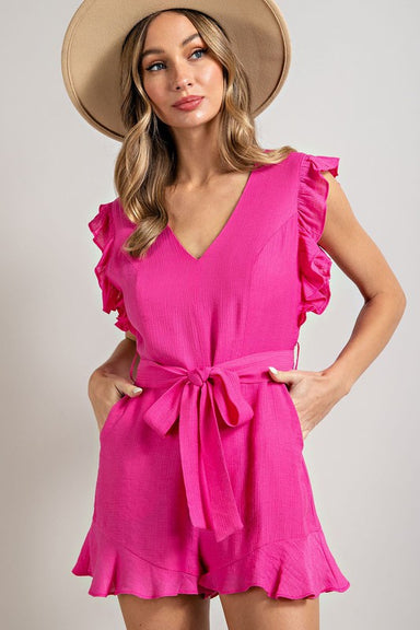 EMMA V-NECK RUFFLED WAIST TIE ROMPER - Coco and lulu boutique