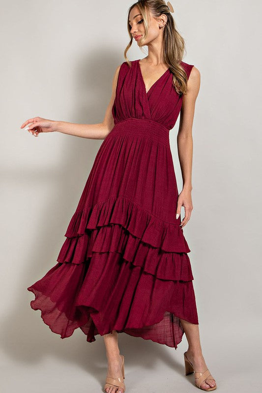 EVANN V NECK RUFFLE MAXI DRESS - Coco and lulu boutique