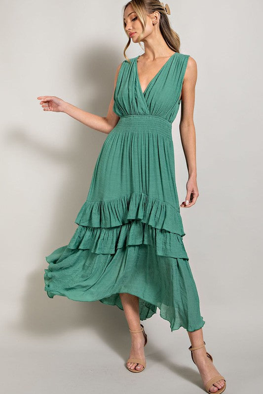 EVANN V NECK RUFFLE MAXI DRESS - Coco and lulu boutique