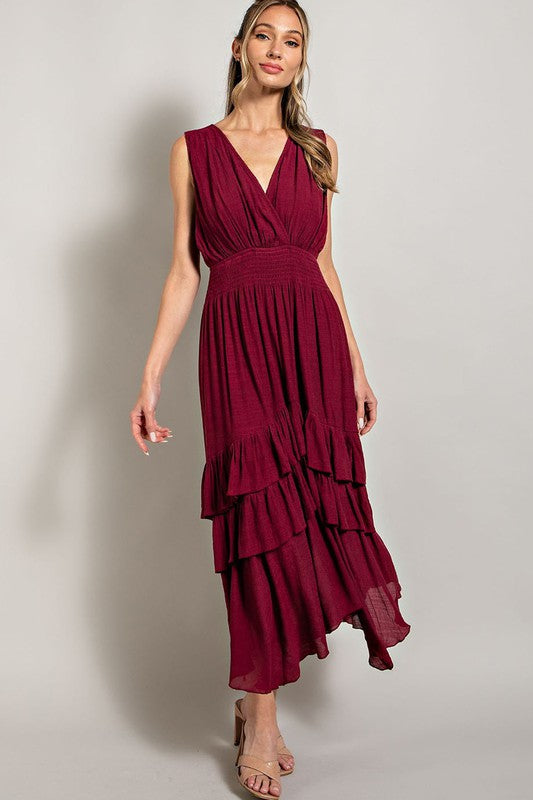 EVANN V NECK RUFFLE MAXI DRESS - Coco and lulu boutique
