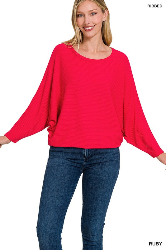 ASHLEY RIBBED BATWING LONG SLEEVE BOAT NECK SWEATER - Coco and lulu boutique