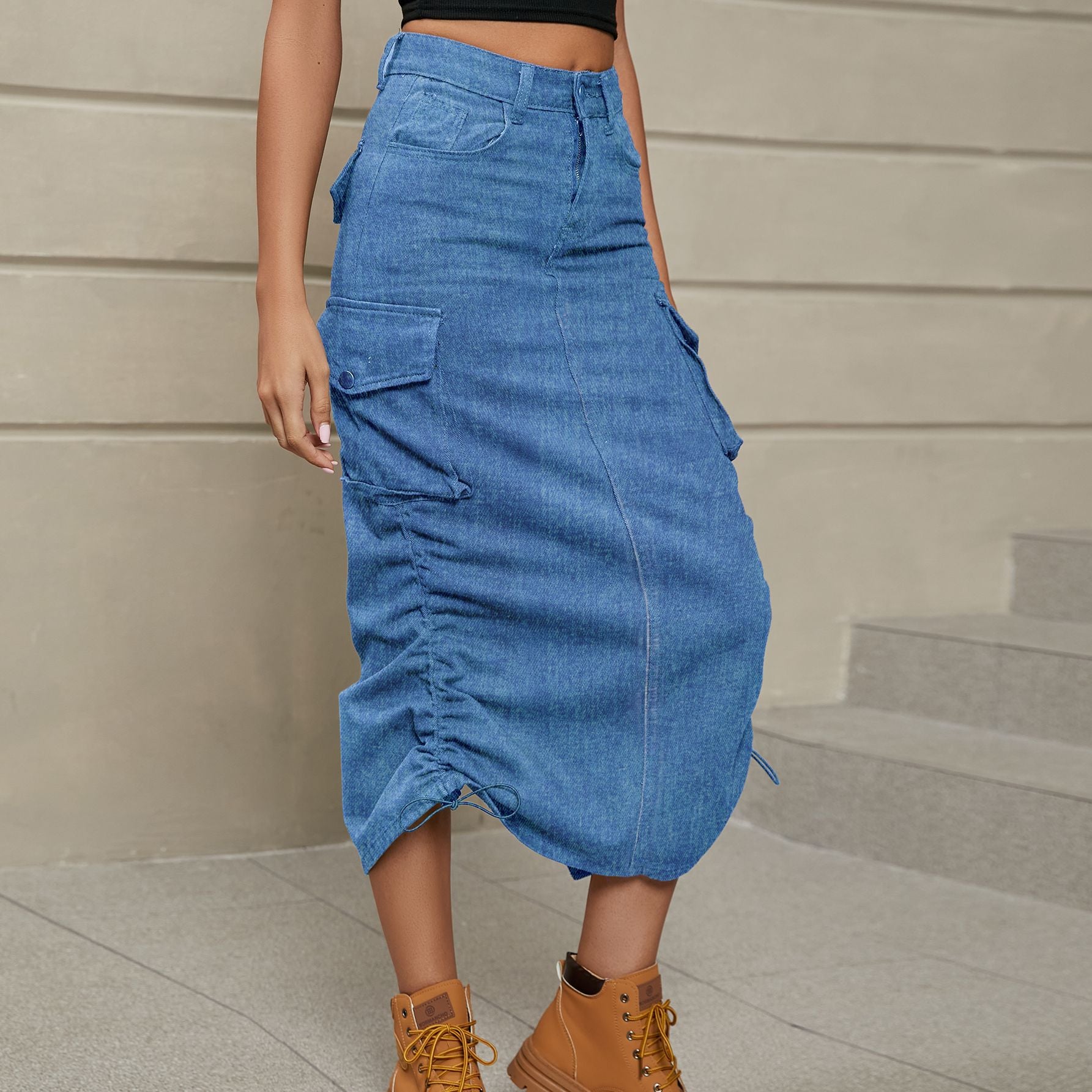 Allie Drawstring Ruched Slit Denim Midi Skirt - Coco and lulu boutique