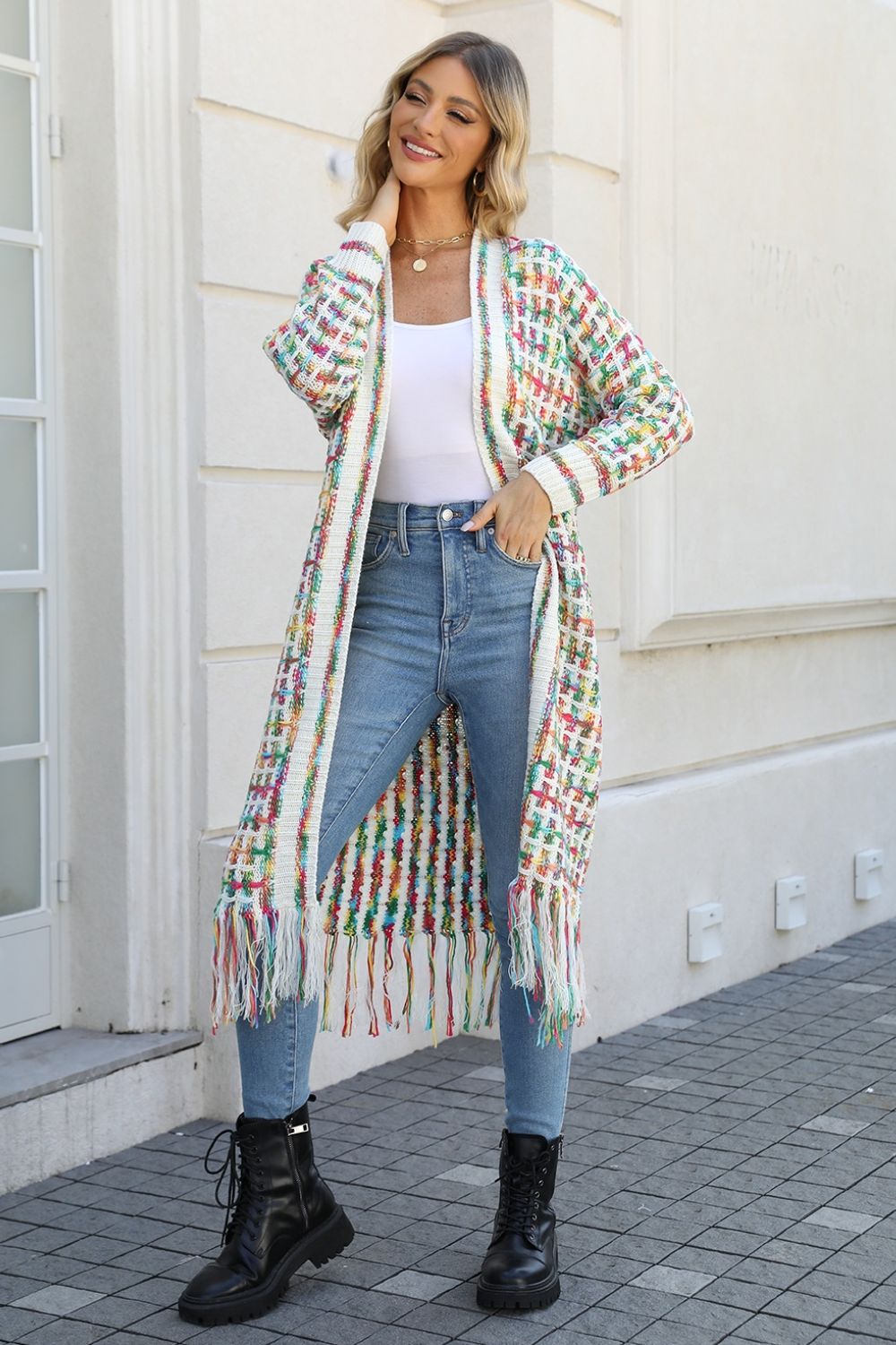 Morgan Multicolored Open Front Fringe Hem Cardigan - Coco and lulu boutique