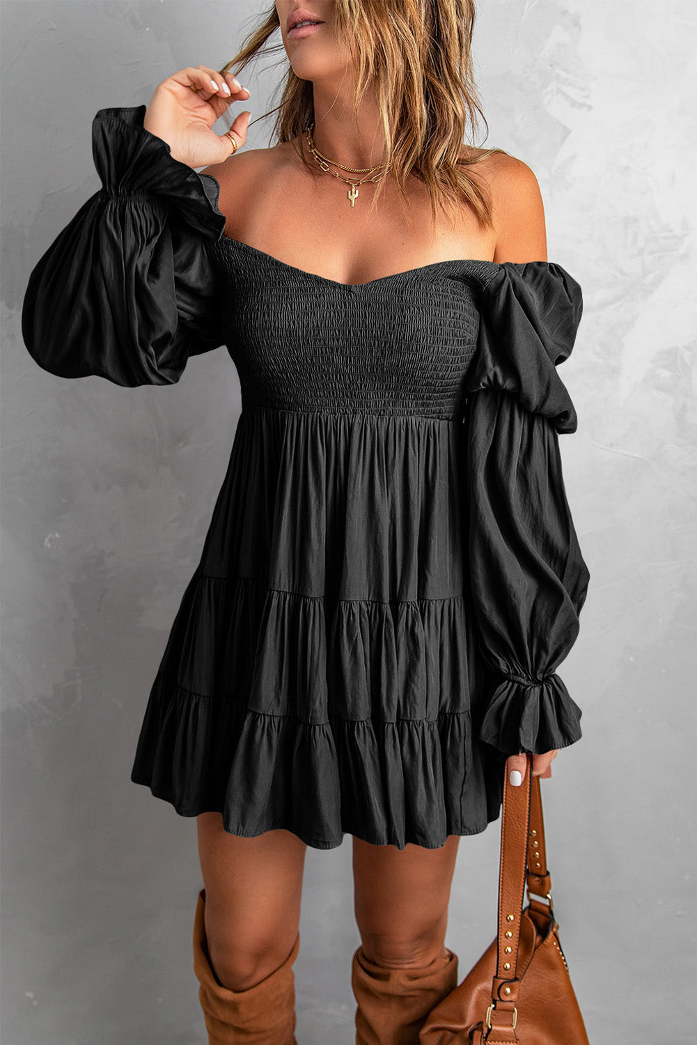 Amelia Smocked Off-Shoulder Tiered Mini Dress - Coco and lulu boutique