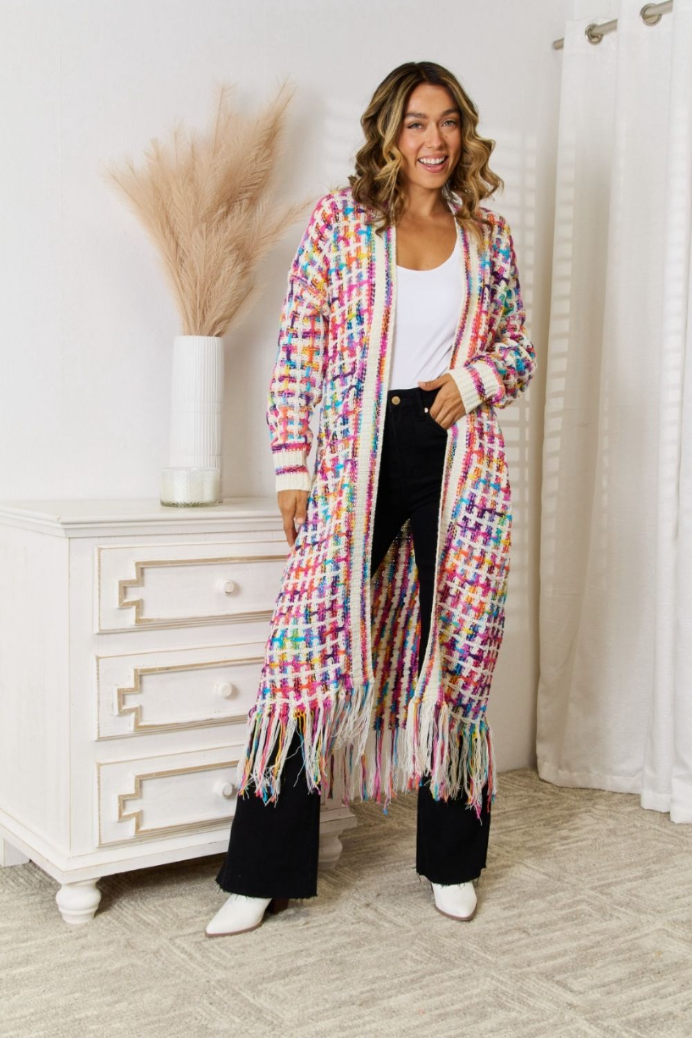 Morgan Multicolored Open Front Fringe Hem Cardigan - Coco and lulu boutique