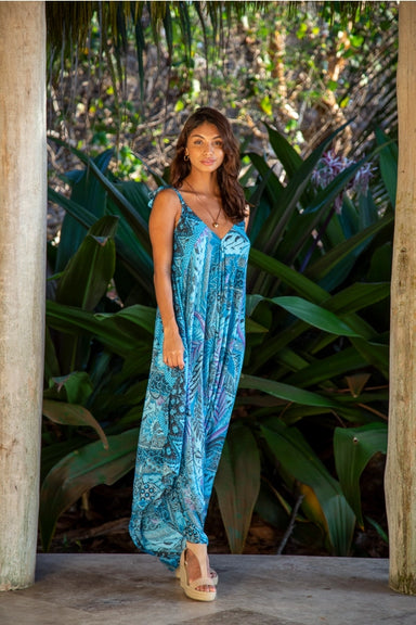 The Bora Bora Collection Summer Jumpsuit in Costa Rica Turquoise Purple Leaf No Pocket, Womens Gypsy Clothing - Coco and lulu boutique