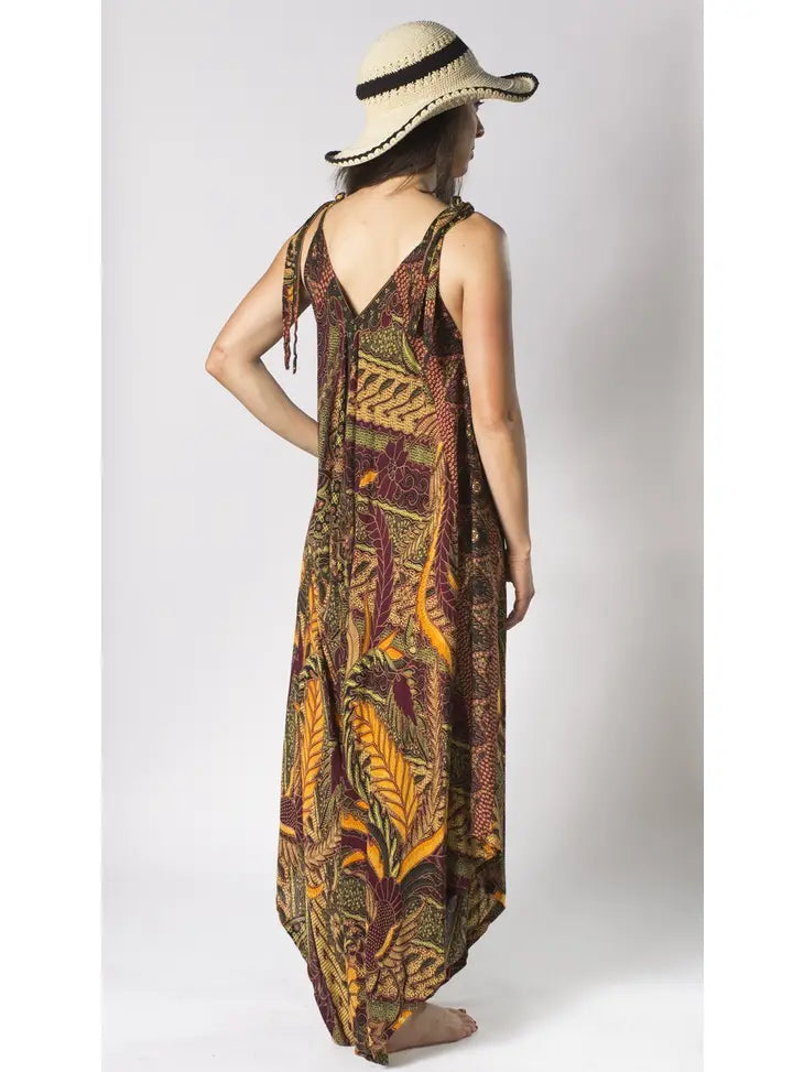 The Bora Bora Collection Women's Jumpsuit in Shanzu Beach Maroon Leaf Batik No Pocket, Convertible Harem Jumpsuit Dress - Coco and lulu boutique