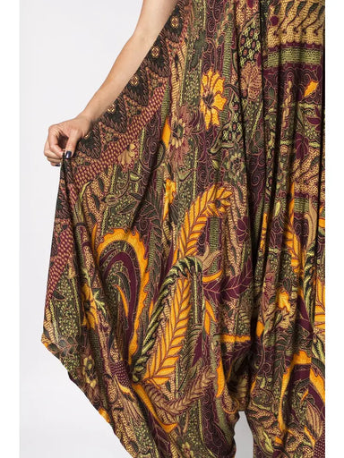 The Bora Bora Collection Women's Jumpsuit in Shanzu Beach Maroon Leaf Batik No Pocket, Convertible Harem Jumpsuit Dress - Coco and lulu boutique