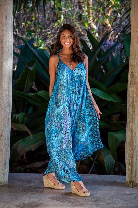 The Bora Bora Collection Summer Jumpsuit in Costa Rica Turquoise Purple Leaf No Pocket, Womens Gypsy Clothing - Coco and lulu boutique