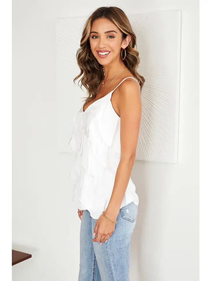 Sara Ruffle Front Silk Cami White - Coco and lulu boutique