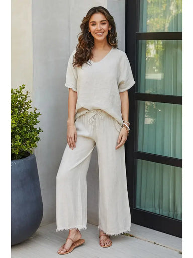 Italian Wide Leg Linen Fringe Hem Pant BEIGE - Coco and lulu boutique