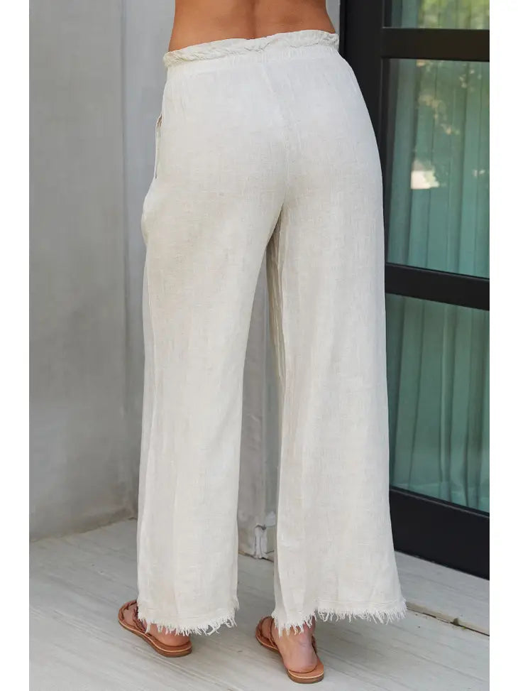 Italian Wide Leg Linen Fringe Hem Pant BEIGE - Coco and lulu boutique