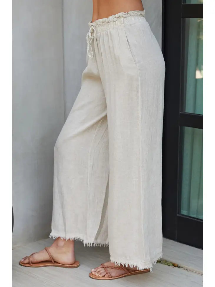 Italian Wide Leg Linen Fringe Hem Pant BEIGE - Coco and lulu boutique