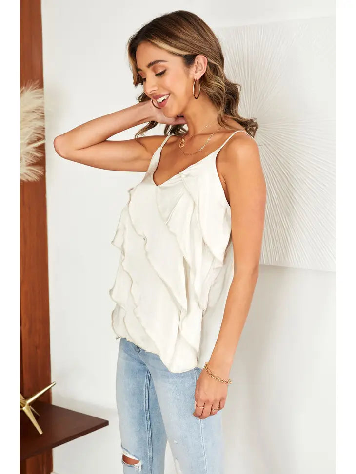 Sara Italian Ruffle Silky Cami in BEIGE - Coco and lulu boutique