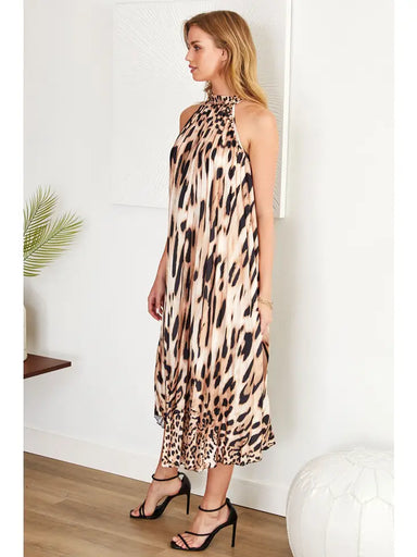 Evann Animal Hybrid Pleated Long Halter Dress - Coco and lulu boutique