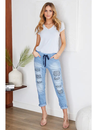Italian Light Wash Patch Crinkle Jogger - Coco and lulu boutique