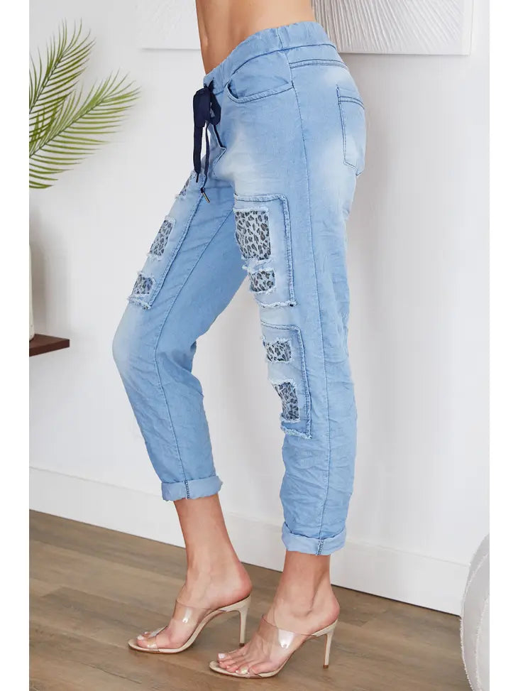 Italian Light Wash Patch Crinkle Jogger - Coco and lulu boutique