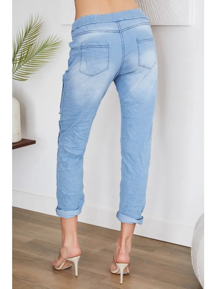 Italian Light Wash Patch Crinkle Jogger - Coco and lulu boutique