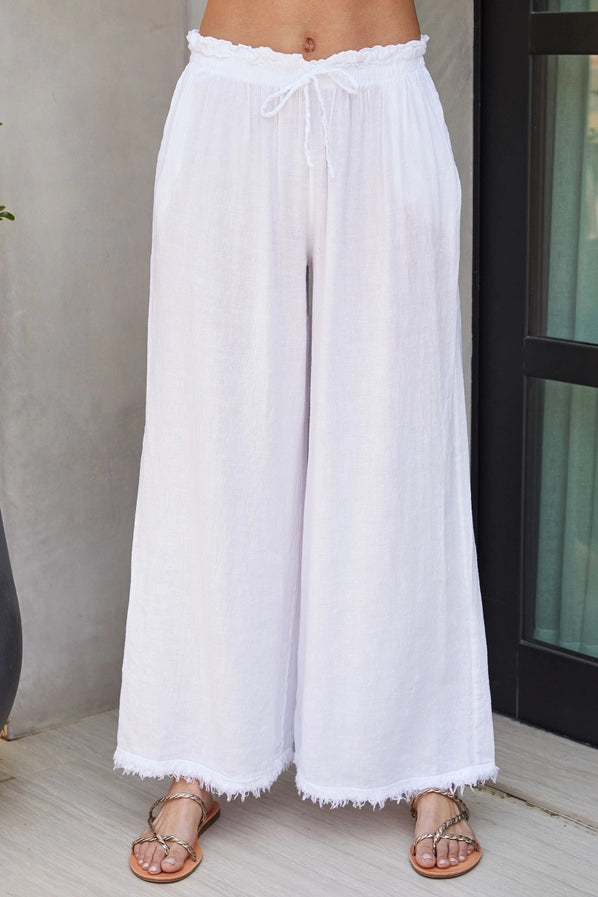 Italian Cotton Linen Fringe Hem Pant White - Coco and lulu boutique