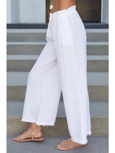 Italian Cotton Linen Fringe Hem Pant White - Coco and lulu boutique