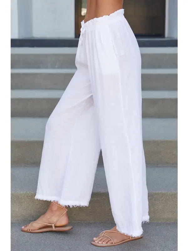 Italian Cotton Linen Fringe Hem Pant White - Coco and lulu boutique