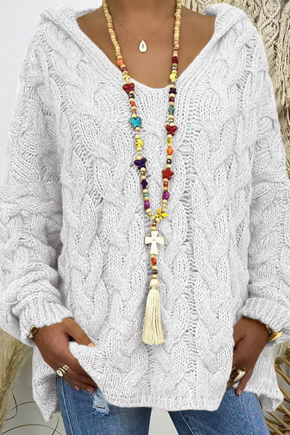 Keely Cable-Knit Hooded Sweater - Coco and lulu boutique