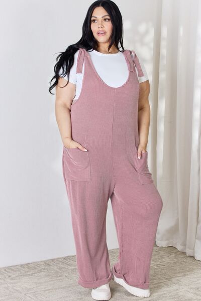 Celeste Full Size Ribbed Tie Shoulder Sleeveless Ankle Overalls - Coco and lulu boutique