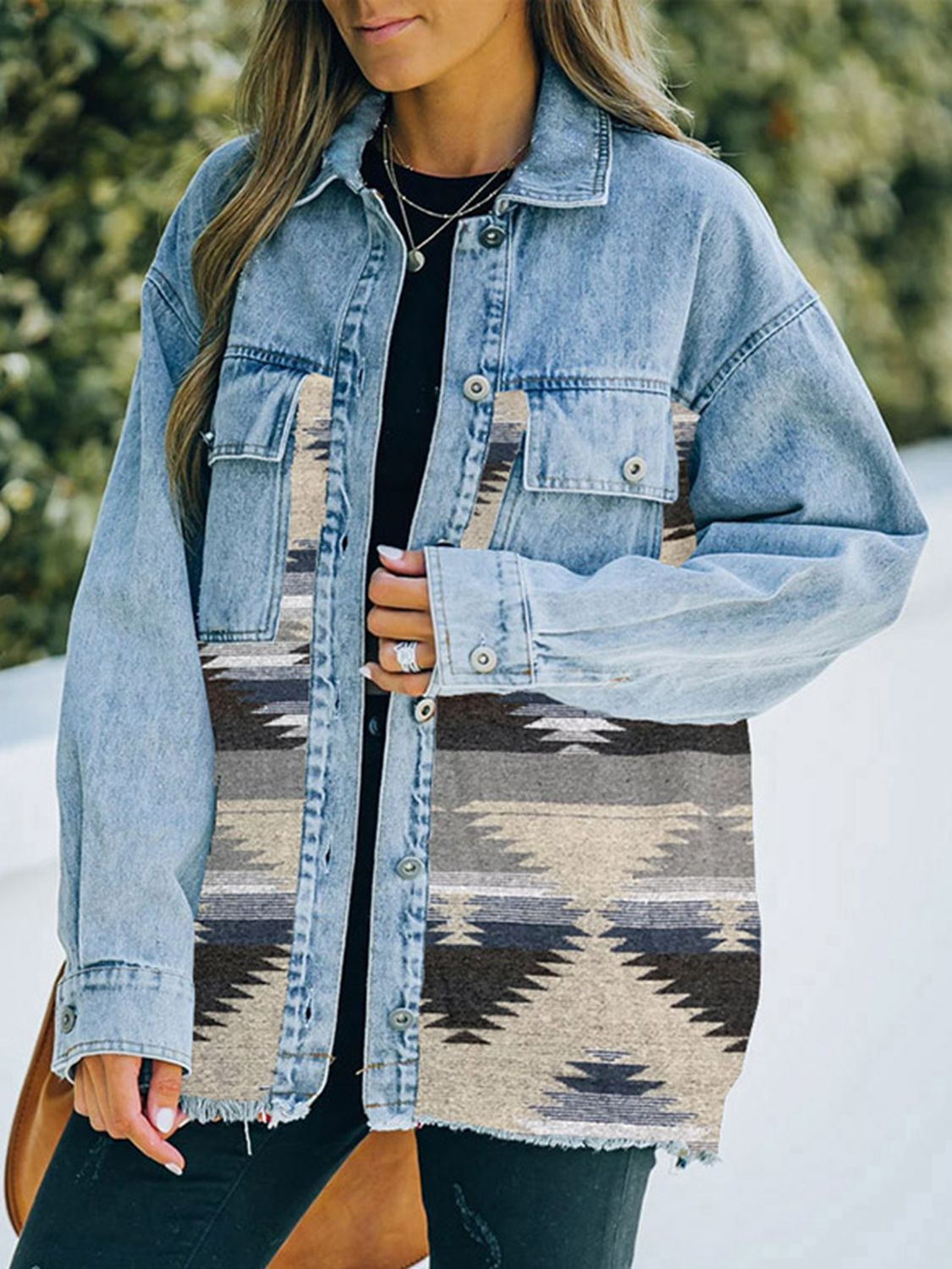 South West Collared Neck Dropped Shoulder Denim Jacket - Coco and lulu boutique