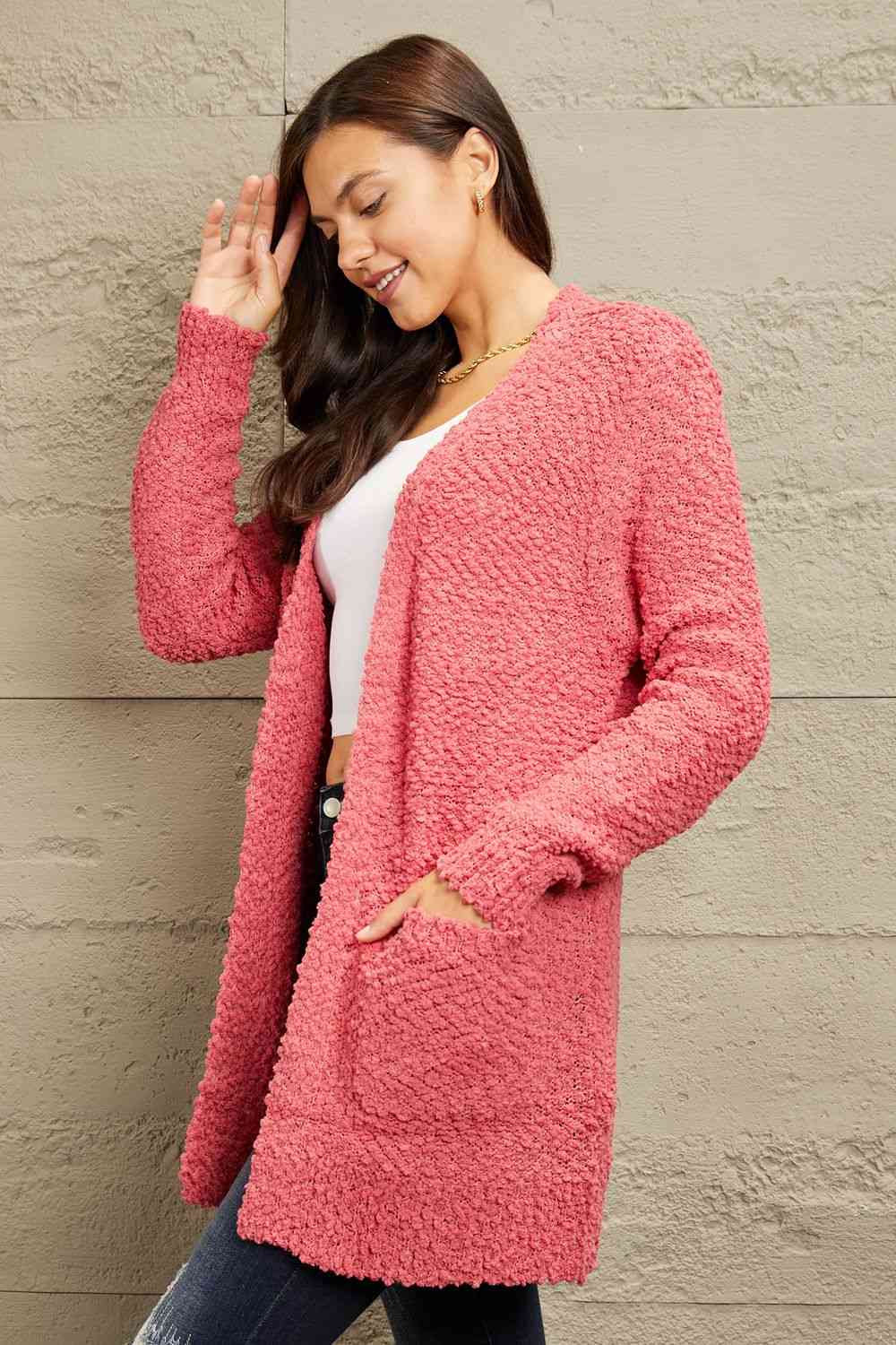 Falling For You Full Size Open Front Popcorn Cardigan - Coco and lulu boutique