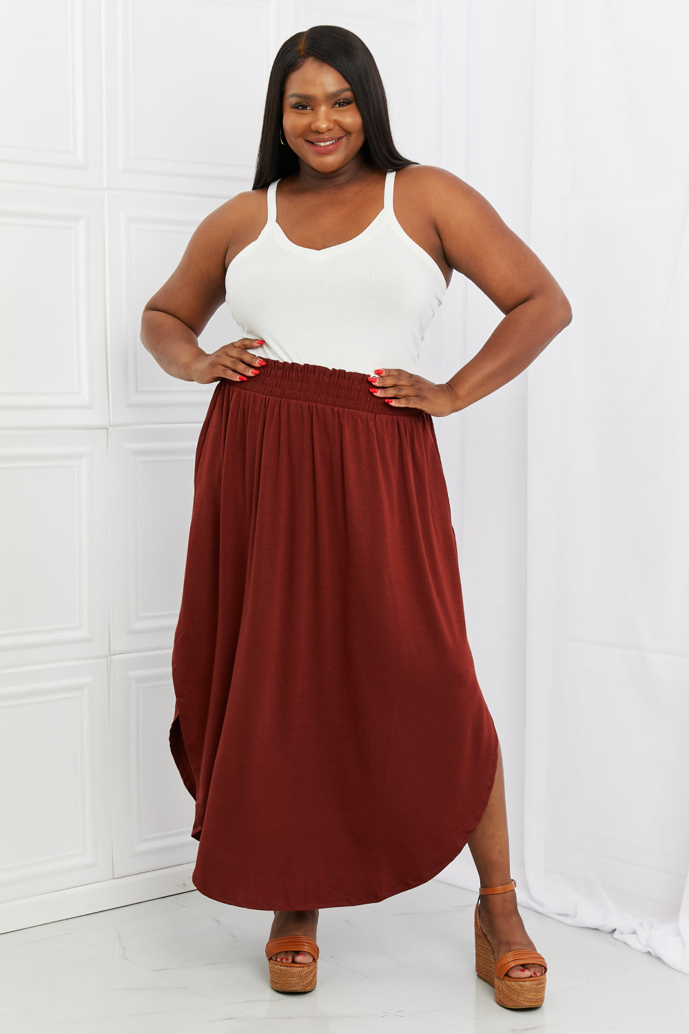 Zenana It's My Time Full Size Side Scoop Scrunch Skirt in Dark Rust - Coco and lulu boutique