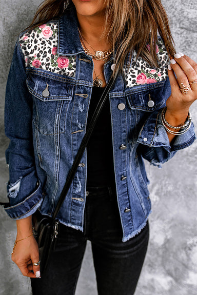 Ali Mixed Print Distressed Button Front Denim Jacket - Coco and lulu boutique