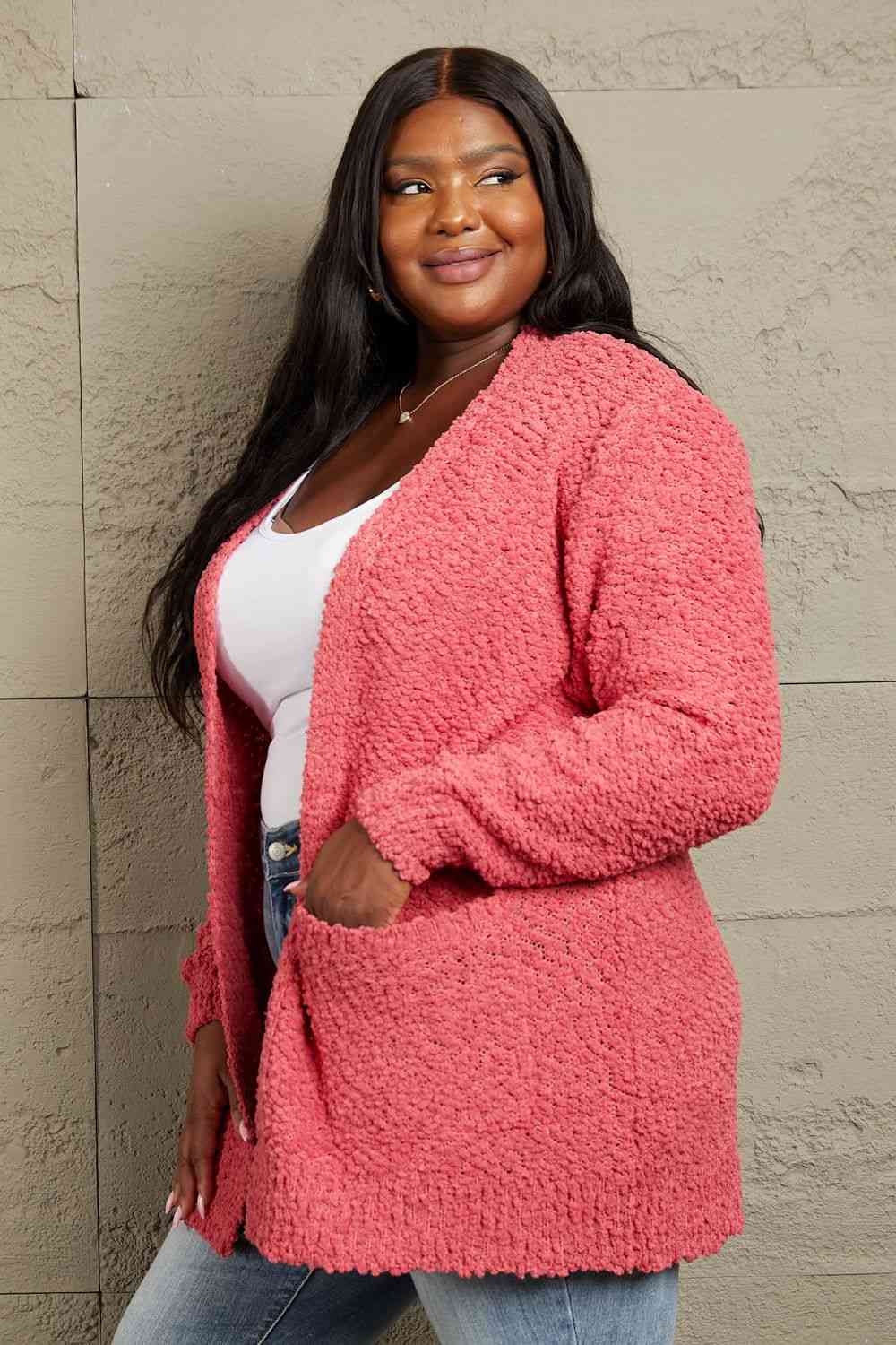 Falling For You Full Size Open Front Popcorn Cardigan - Coco and lulu boutique