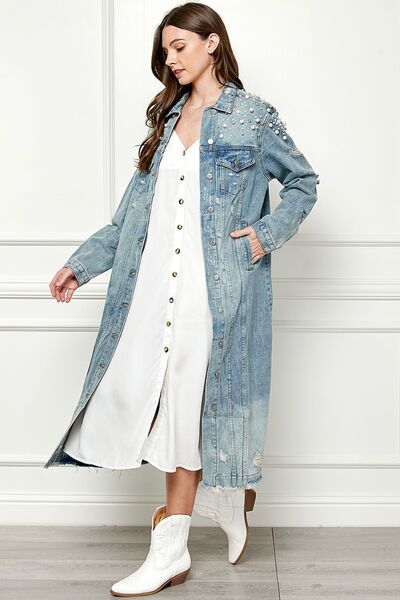 Distressed Raw Hem Pearl Detail Button Up Jacket - Coco and lulu boutique
