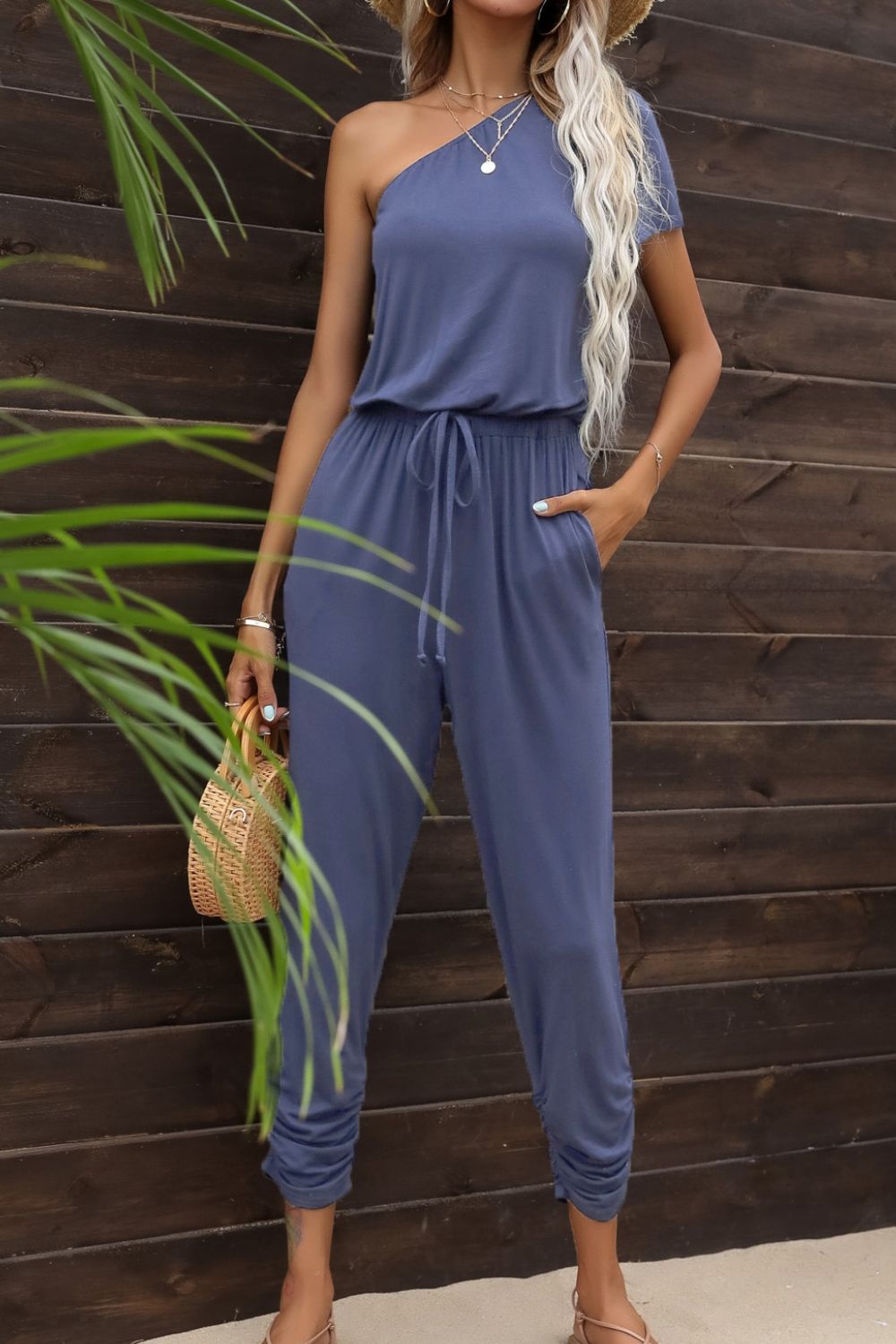 Cathy Drawstring Waist One-Shoulder Jumpsuit with Pockets - Coco and lulu boutique