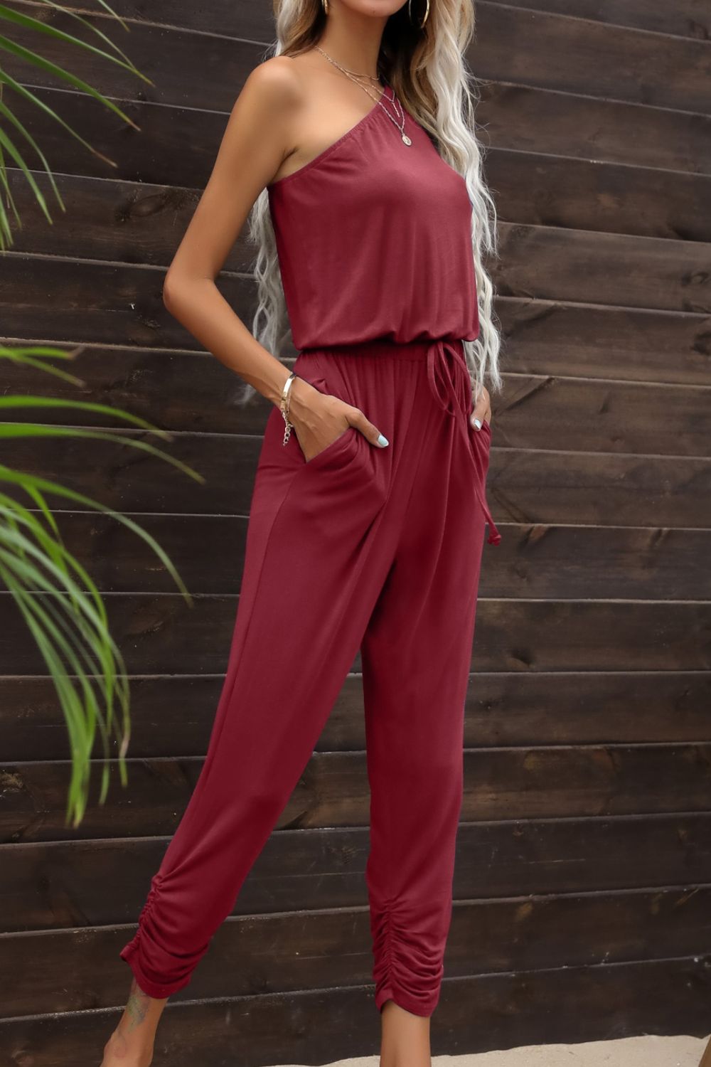 Cathy Drawstring Waist One-Shoulder Jumpsuit with Pockets - Coco and lulu boutique