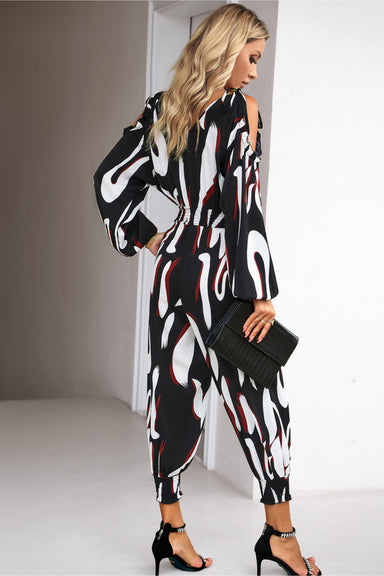Monique Printed Cold-Shoulder Surplice Neck Jumpsuit - Coco and lulu boutique