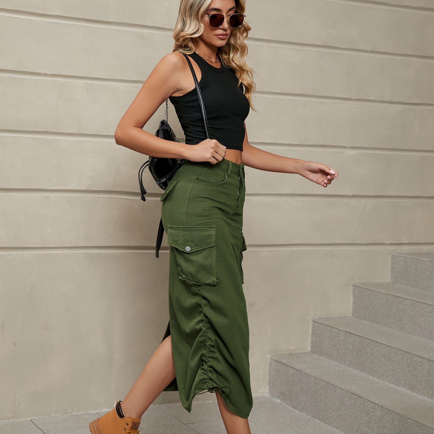 Drawstring Ruched Slit Denim Midi Skirt - Coco and lulu boutique