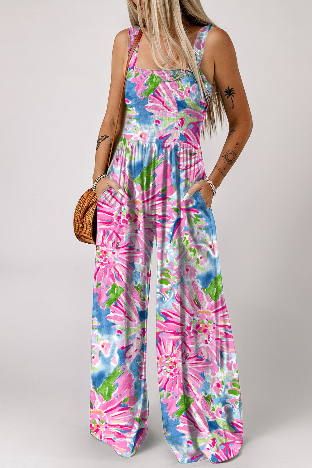 Scarlett Floral Smocked Square Neck Jumpsuit with Pockets - Coco and lulu boutique