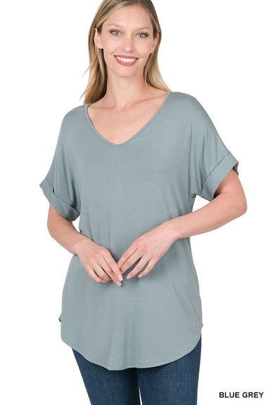 GIGI LUXE RAYON SHORT CUFF SLEEVE V NECK ROUND HEM TOP - Coco and lulu boutique