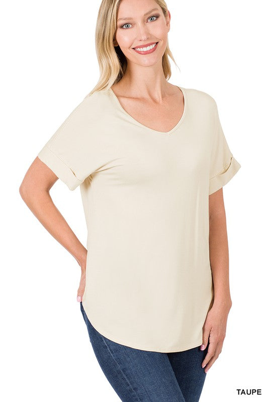 GIGI LUXE RAYON SHORT CUFF SLEEVE V NECK ROUND HEM TOP - Coco and lulu boutique