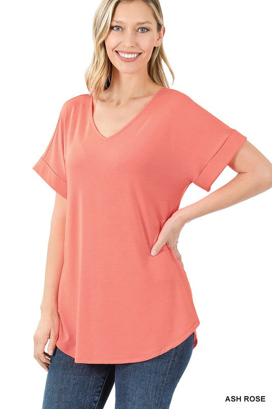GIGI LUXE RAYON SHORT CUFF SLEEVE V NECK ROUND HEM TOP - Coco and lulu boutique