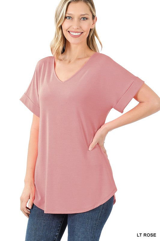GIGI LUXE RAYON SHORT CUFF SLEEVE V NECK ROUND HEM TOP - Coco and lulu boutique